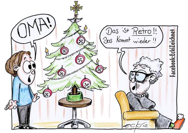 Karikatur: Weihnachten unter dem Retro-Hakenkreuzbaum