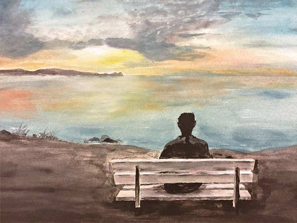 Malerei: Mensch betrachet Sonnenauf- oder untergang auf einer Bank am See