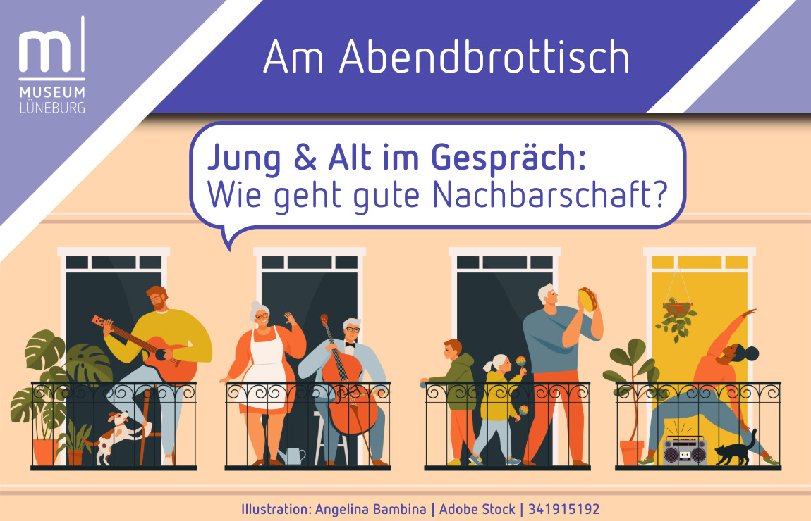 Am Abendbrottisch – Jung & Alt im Gespräch: Wie geht gute Nachbarschaft. Illustration einer Hausfassade mit vier Balkonen und verschiedenen Nachbarn.