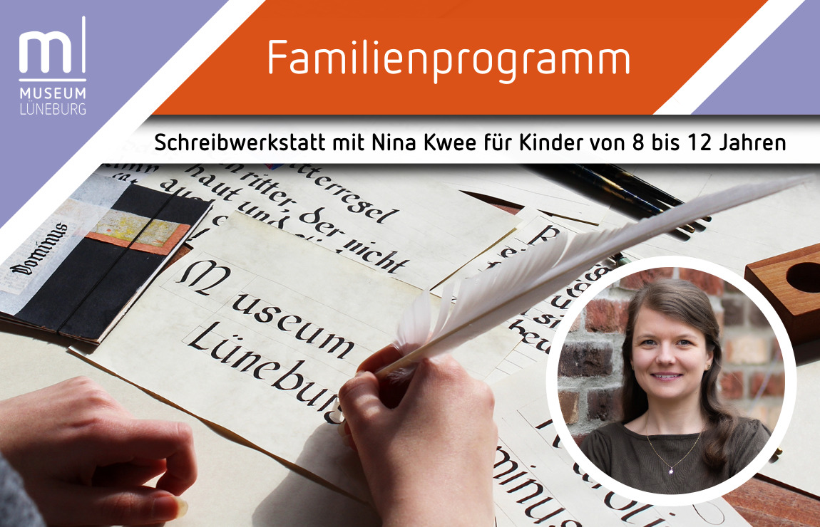 Werbebild für die Schreibwerkstatt mit Nina Kwee für Kinder von 8 bis 12 Jahren: Symbolbild mit Schreibfeder und Porträt der Autorin Nina Kwee