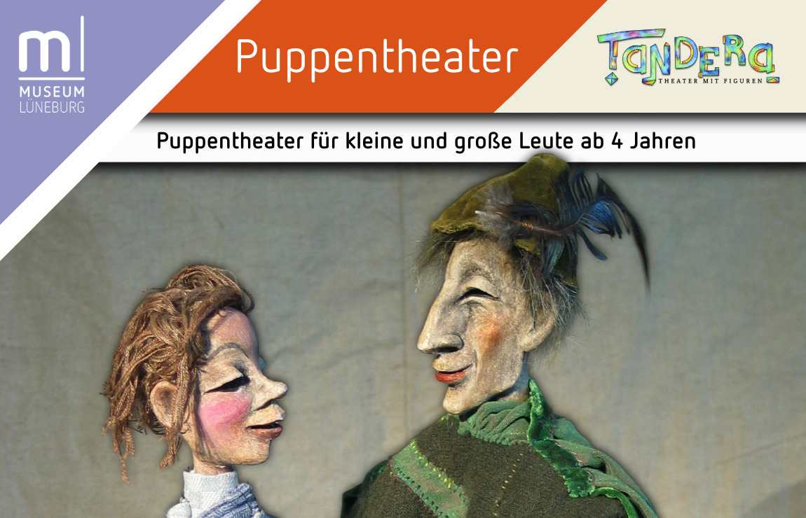 Werbebild für das Puppentheater mit Logo des Tandera Theater, Überschrift "Puppentheater für kleine und große Leute ab 4 Jahren", Bild mit zwei Puppen, die sich gegenseitig anschauen.