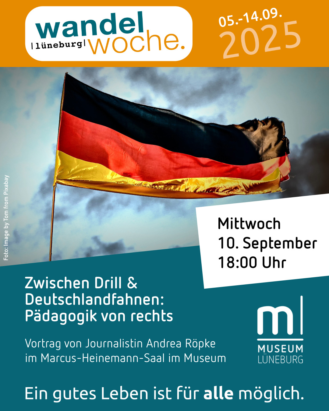 MLG_Programm_September_2025-6-09-10_WaWo_Pädagogik_von_Rechts Am Abendbrottisch – Jung & Alt im Gespräch: Wie geht gute Nachbarschaft. Illustration einer Hausfassade mit vier Balkonen und verschiedenen Nachbarn.