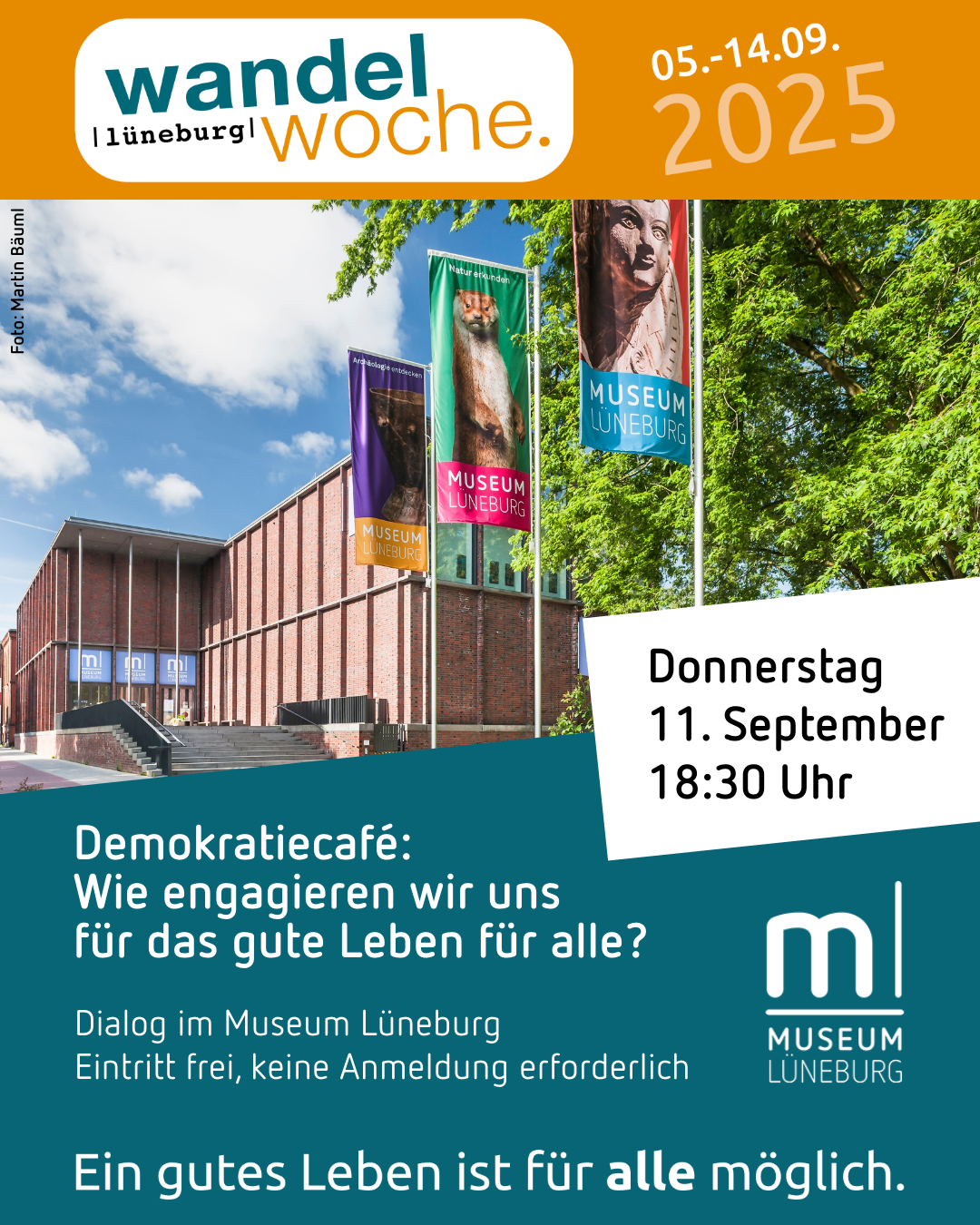 MLG_Programm_September_2025-8-09-11_WaWo_Demokratiecafe(1) Am Abendbrottisch – Jung & Alt im Gespräch: Wie geht gute Nachbarschaft. Illustration einer Hausfassade mit vier Balkonen und verschiedenen Nachbarn.