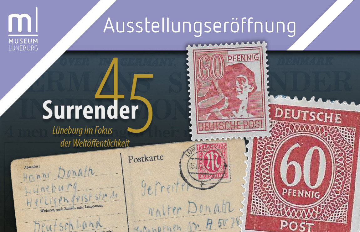 Eröffnung Briefmarken-Ausstellung Kriegsende Collage zur Ausstellungseröffnung mit einer Postkarte und verschiedenen Briefmarken aus der Nachkriegszeit