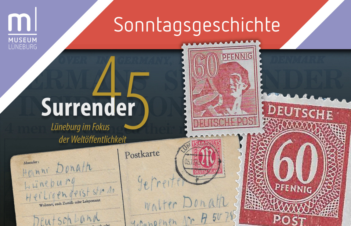 Sonntagsgeschichte Briefmarken-Ausstellung Kriegsende Collage zur Sonntagsgeschichte mit einer Postkarte und verschiedenen Briefmarken aus der Nachkriegszeit