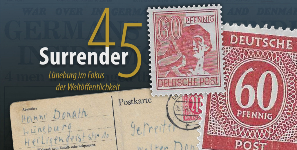 Collage mit einer Postkarte und verschiedenen Briefmarken aus der Nachkriegszeit zur Sonderausstellung "Zeitgeschichte auf Briefmarken"