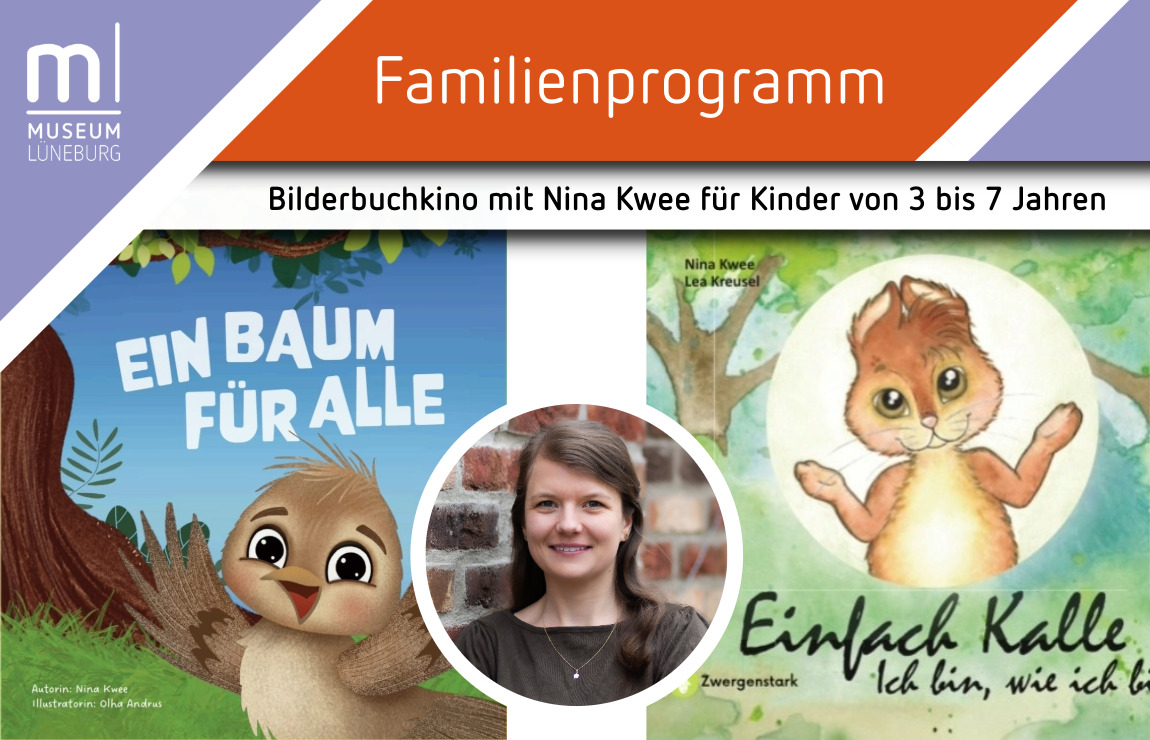 Werbebild für das Bilderbuchkino mit Nina Kwee für Kinder von 3 bis 7 Jahren: Buchcover der Bücher "So groß wie eine Seifenblase" von Nina Kwee und Lea Kreusel sowie "Das grüne Dingsda im Garten der Familie Zimmer" von Nina Kwee und Jessica Saß. In der Mitte ein Porträtfoto der Autorin Nina Kwee.