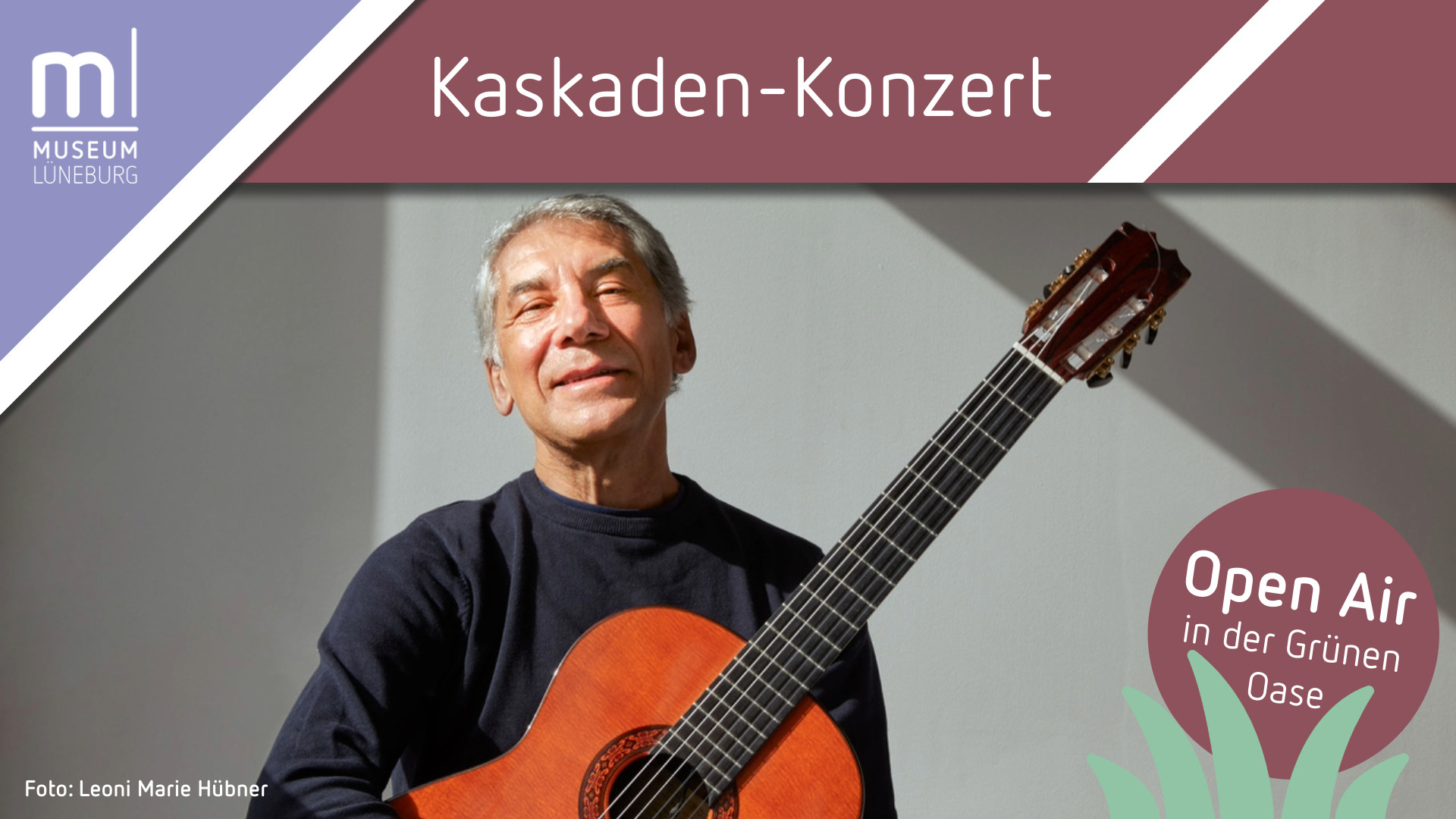 Foto von Mehmet Ergin mit Gitarre, Titelzeile "Kaskaden-Konzert", Infotext: Open Air in der Grünen Oase.